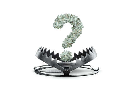 A question mark made from dollar bills in a large metal bear trap. The concept of mortgage, dirty money, bribe, corruption, easy money, debt, credit. mixed mediaの写真素材