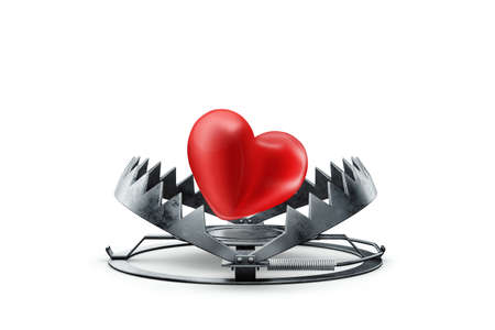 Red heart in a bear trap, close-up. The concept of love, relationship, addiction, marriage, separation, heartache. 3D rendering, 3D illustrationの写真素材