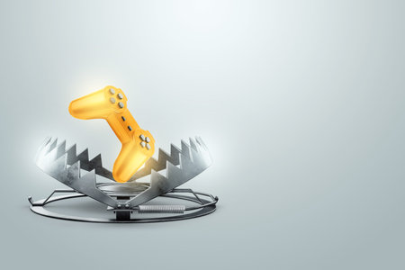 game addiction, Gamepad in a metal bear trap, close-up. The concept of addiction, child, illness. 3D...