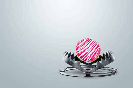 Sweet donut in a bear trap, close-up. The concept of diabetes, gluttony, obesity, fast food, addiction, malnutritionの写真素材