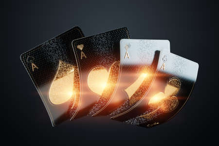Casino concept, Poster for casino design, luxury style, black and gold design. Playing cards on a dark background. Baccarat, poker, blackjack. 3D rendering, 3D illustrationの写真素材