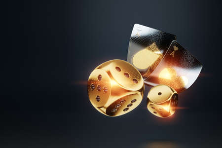 Casino concept, Poster for casino design, luxury style, black and gold design. Playing cards on a dark background. Baccarat, poker, blackjack. 3D rendering, 3D illustrationの写真素材