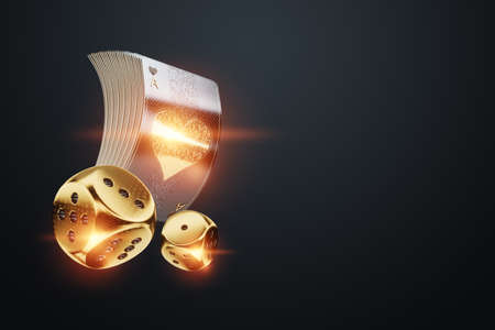 Casino concept, Poster for casino design, luxury style, black and gold design. Playing cards on a dark background. Baccarat, poker, blackjack. 3D rendering, 3D illustrationの写真素材