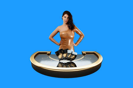 Casino concept, Dealer croupier in casino at blackjack table isolated on blue background. beautiful girl in the casinoの写真素材