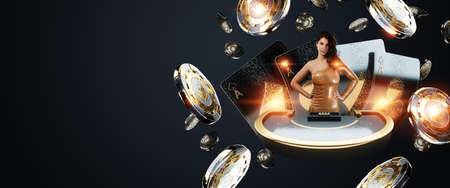 Casino, A beautiful young girl in a golden dress stands at the blackjack game table. black and gold design, Gambling, luxury style, Baccarat. casino win poster.の写真素材