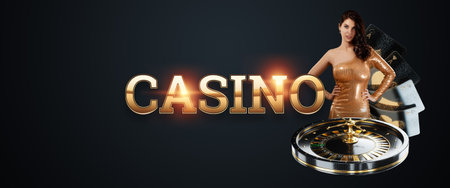 Casino, Beautiful young girl in a golden dress. Banner concept for casino, poker, gambling, croupier, website header, black and gold design, Gambling, luxury style, Baccarat. casino win poster.の写真素材