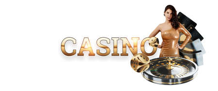 Casino, Beautiful young girl in a golden dress. Banner concept for casino, poker, gambling, croupier, website header, black and gold design, Gambling, luxury style, Baccarat. casino win poster.の写真素材