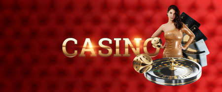 Casino, Beautiful young girl in a golden dress. Banner concept for casino, poker, gambling, croupier, website header, black and gold design, Gambling, luxury style, Baccarat. casino win poster.の写真素材