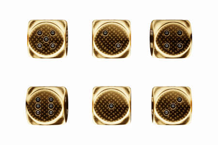 Casino concept, set of dice made of gold isolated on white background. Gambling, luxury style 3D render, 3D illustrationの写真素材