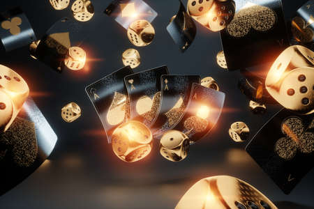 Casino concept, Set of four aces cards, black and gold design. Gambling, luxury style, poker, blackjack, baccarat. 3D rendering, 3D illustrationの写真素材