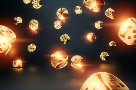 Casino concept, golden dice on black background, black and gold design. Gambling, luxury style, poker, blackjack, baccarat. casino win poster. design for gambling banner. 3D rendering, 3D illustrationの写真素材