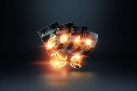 Casino concept, Set of four aces cards, black and gold design. Gambling, luxury style, poker, blackjack, baccarat. 3D rendering, 3D illustrationの写真素材