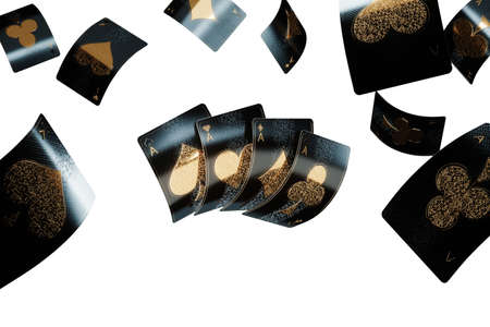 Casino concept, Set of Hearts playing cards, black and gold design isolated on white background. Gambling, luxury style, poker, blackjack, baccarat. 3D rendering, 3D illustrationの写真素材