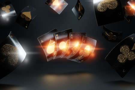 Casino concept, Set of four aces cards, black and gold design. Gambling, luxury style, poker, blackjack, baccarat. 3D rendering, 3D illustrationの写真素材