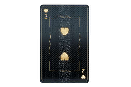 Casino concept, Hearts deuce playing card, black and gold design isolated on white background. Gambling, luxury style, poker, blackjack, baccarat. 3D rendering, 3D illustrationの写真素材