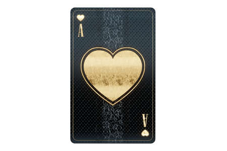 Casino concept, Hearts ace playing card, black and gold design isolated on white background. Gambling, luxury style, poker, blackjack, baccarat. 3D rendering, 3D illustrationの写真素材