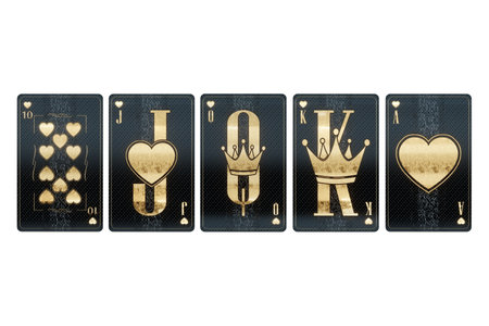 Casino concept, combination of playing cards Hearts flash royale, black gold design isolated on white background. Gambling, luxury style, poker, blackjack, baccarat. 3D rendering, 3D illustrationの写真素材