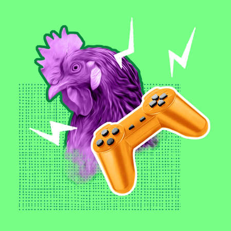 Chicken head gamepad. Banner picture Surrealism, art collage. modern look, magazine style, poster for advertising, mixed media. Inspiration, creativity, bright colors, copy spaceの写真素材