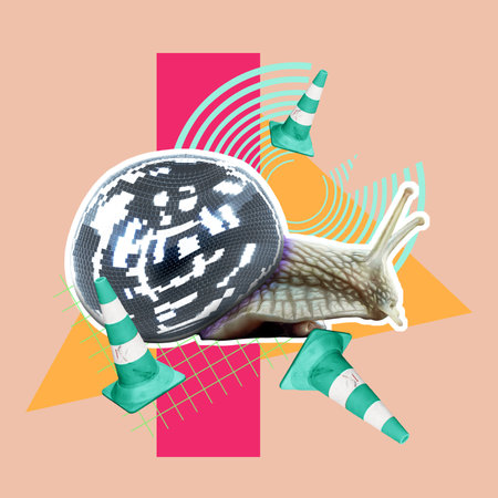 Snail and disco ball. Banner picture Surrealism, art collage. modern look, magazine style, poster...