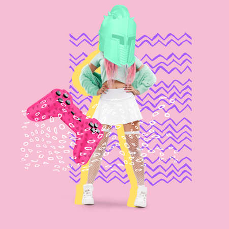 Girl in a helmet with a gamepad, party, summer mood. Banner picture Surrealism, art collage. modern look, magazine style, poster for advertising. Inspiration, creativity, copy spaceの写真素材