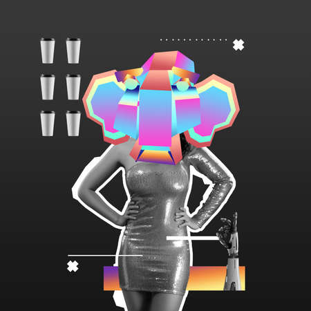 Girl, party, extravagance. Banner picture Surrealism, art collage. modern look, magazine style, poster for advertising. Inspiration creativity copy spaceの写真素材