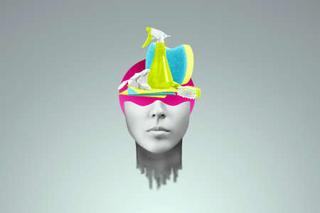 Girl's head and detergents, housewife. The place of women in society. Harassment, Me Too, harassment, fighting, injustice. Surrealism art collage, magazine style, poster for advertisingの写真素材