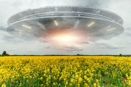 flying saucer in the sky, ufo. mixed media.