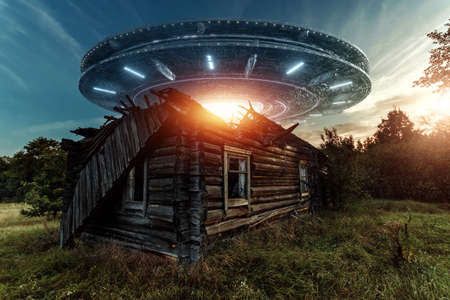 UFO, an alien saucer hovering over the field, hovering motionless in the air. Unidentified flying object, alien invasion, extraterrestrial life, space travel, spaceship. mixed media.の写真素材