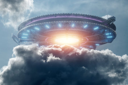 flying saucer in the sky, ufo. mixed media.
