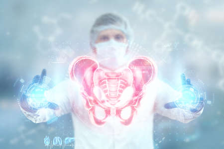 X-ray of a patient's pelvis, hip joint skeleton, medical concept. Pelvic pain, fracture, joint problems. mixed media.の写真素材