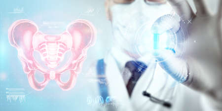 Doctor and Hologram, anterior ultrasound image of the male pelvis, sacrum. Anatomy, medicine, scientific conceptsの写真素材