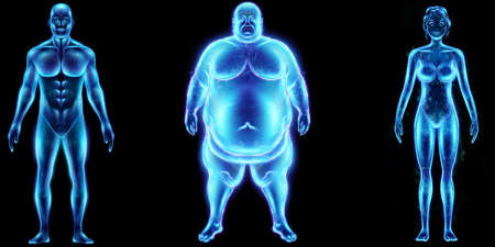 The concept of obesity, the problem of excess weight. Blue hologram on a black background. 3D illustration, 3D renderingの写真素材