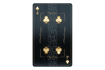 Casino concept, clubs 4 playing cards, black and gold design on white background. Gambling, luxury style, poker, blackjack, baccarat. 3D rendering, 3D illustrationの写真素材