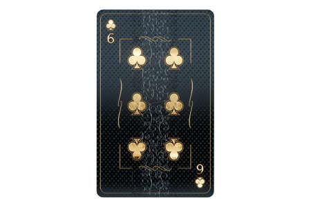 Casino concept, clubs 6 playing cards, black and gold design on white background. Gambling, luxury style, poker, blackjack, baccarat. 3D rendering, 3D illustrationの写真素材