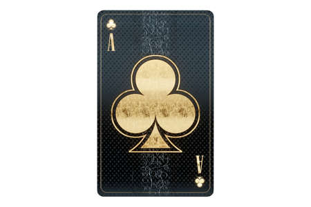 Casino concept, clubs ace playing card, black and gold design isolated on white background. Gambling, luxury style, poker, blackjack, baccarat. 3D rendering, 3D illustrationの写真素材