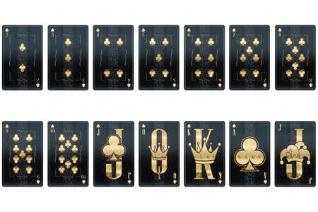 Casino concept, Set of clubs playing cards, black and gold design isolated on white background. Gambling, luxury style, poker, blackjack, baccarat. 3D rendering, 3D illustrationの写真素材