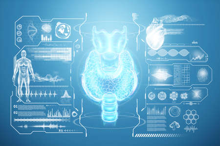 Thyroid gland, hologram on a blue background with medical indicators. Ultrasound diagnostics, thyroid diseases. 3D rendering, 3D illustrationの写真素材