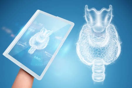 Thyroid gland, hologram on a blue background. Ultrasound diagnostics, thyroid diseasesの写真素材