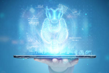 Thyroid gland, hologram on a blue background with medical indicators. Ultrasound diagnostics, thyroid diseases.の写真素材
