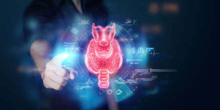 Thyroid gland, Doctor looks at a hologram or ultrasound of the patient's thyroid gland. Ultrasound diagnostics, thyroid diseases, medical indicatorsの写真素材