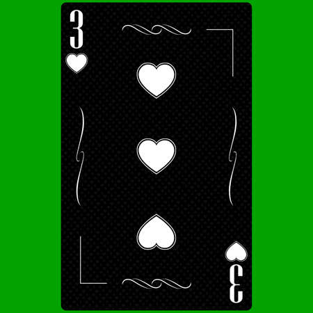 Playing card Three of Hearts 3, black and white modern design. Standard size poker, poker, casino. 3D rendering, 3D illustrationの写真素材