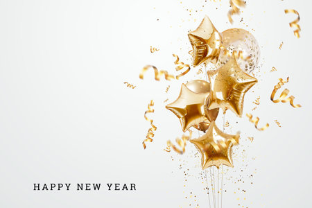 Creative christmas background, cartoon balls, gold, confetti. Holiday card, magazine style, banner, website header, web poster, template for advertising. 3D illustrationの写真素材