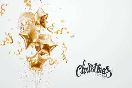 Creative christmas background, cartoon balls, gold, confetti. Holiday card, magazine style, banner, website header, web poster, template for advertising. 3D illustrationの写真素材