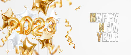 Website header 2023, happy new year. new calendar year. Magazine style, web poster, poster. 3D illustration, 3D renderingの写真素材