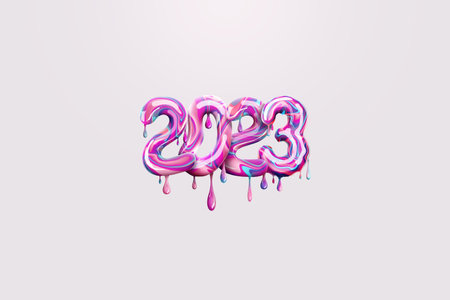 Cartoon style Happy New Year 2023, colorful numbers in the form of candies. Holiday card, magazine style, banner, website header, web poster, template for advertising. 3D illustration, 3D rendering.の写真素材
