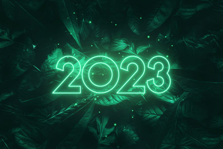 Happy new year, neon numbers 2023 on a dark background. Holiday card, magazine style, banner,...