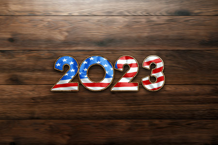 Creative background 2023 in the form of the American flag. Holiday card, magazine style, banner,...