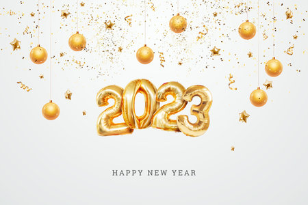 Happy new year 2023, golden inflatable balloons on a white background, confetti. Holiday card,...