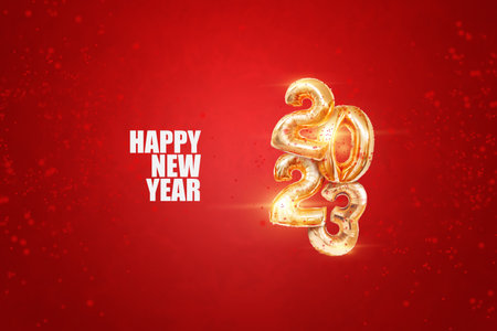 Happy new year 2023, golden inflatable balloons on a red background, confetti. Holiday card, magazine style, banner, website header, web poster, template for advertising. 3D illustration, 3D rendering.の写真素材