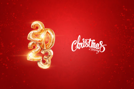 Happy new year 2023, golden inflatable balloons on a red background, confetti. Holiday card, magazine style, banner, website header, web poster, template for advertising. 3D illustration, 3D rendering.の写真素材
